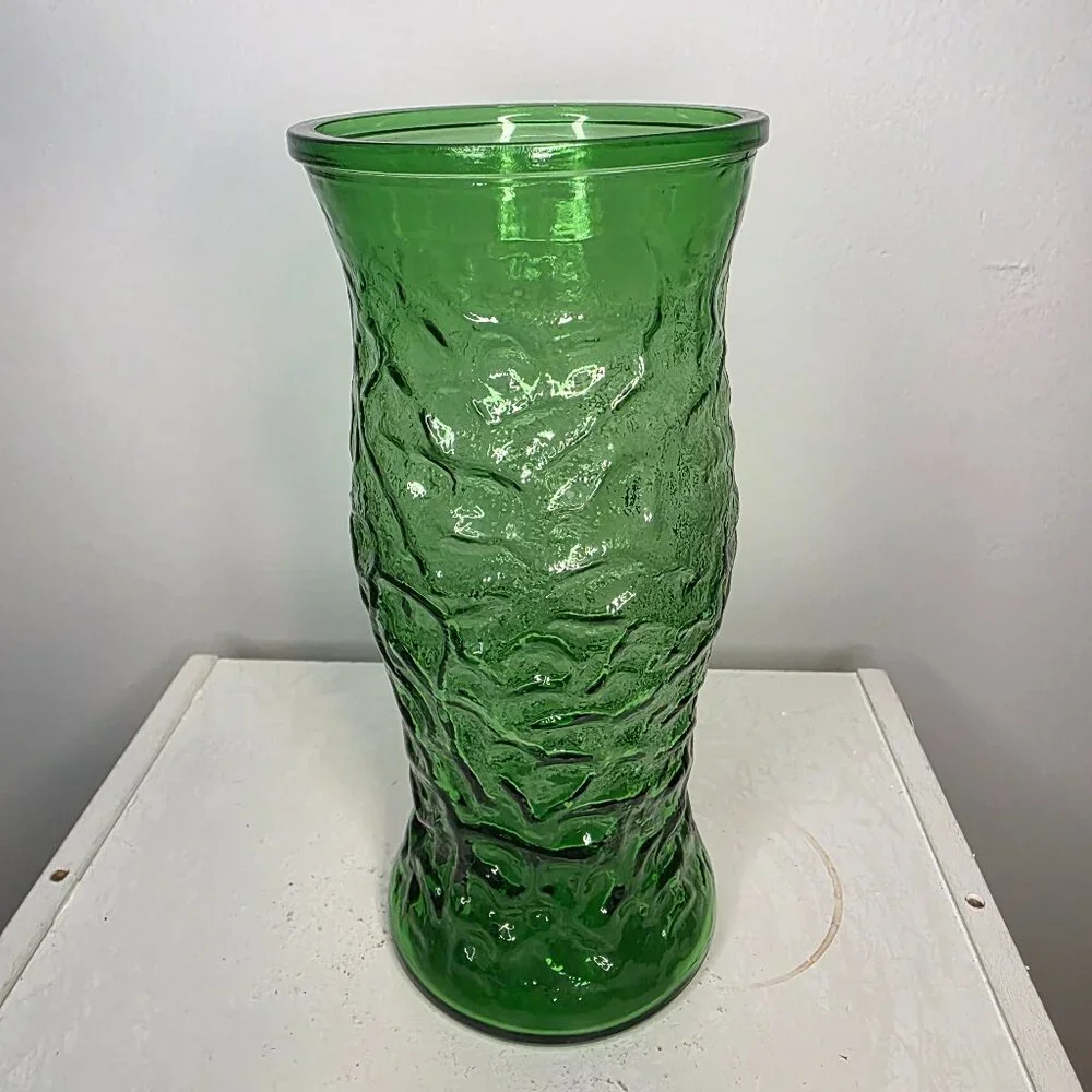 Hoosier Green Glass Vase Crinkled Textured 9.5